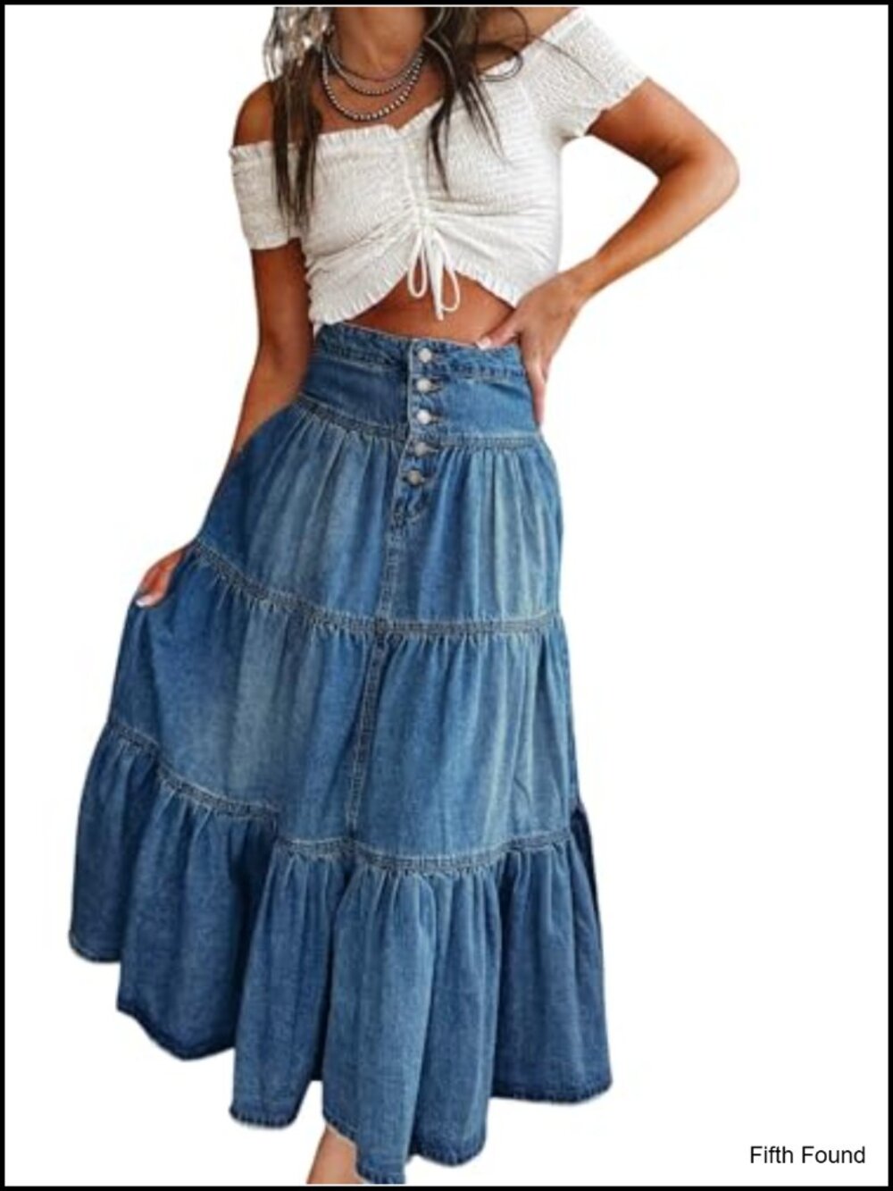 High Waist Long Denim Maxi Skirt Button-Fly Tiered Ruffle Swing A-Line with
